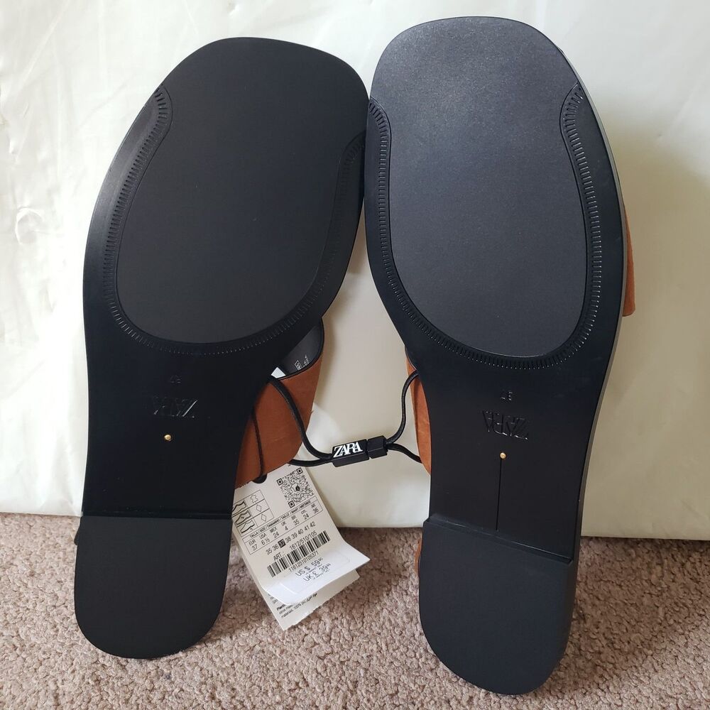 Zara Nwt Suede Leather Slide Strappy Sandals Toe Loop Metal Buckle Sz 6.5 Brown - Picture 13 of 13